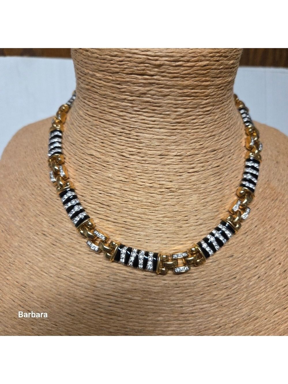 Vintage 90s Cabouchon Gold, Crystal & Black Enamel Zebra Link Choker Necklace